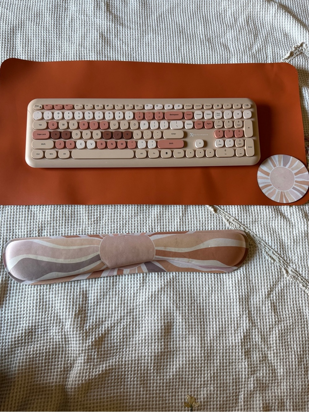 Wireless orange and Cream Keyboard with Matching Wrist Rest, mouse rest, and mat
